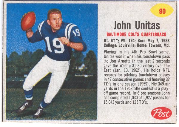 1962 Post Fb- #90 John Unitas