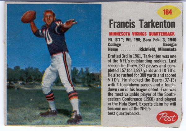 1962 Post Fb- #104 Fran Tarkenton RC