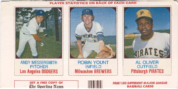 1975 Hostess Baseball 3-Card Uncut Box Panels- #79 SP/ 80 Robin Yount SP/ 81 Oliver SP- 2 Panels