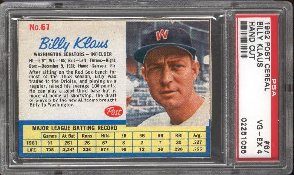 1962 Post Cereal Bb- #67 Billy Klaus, Wash- PSA Vg-Ex 4(Hand Cut)