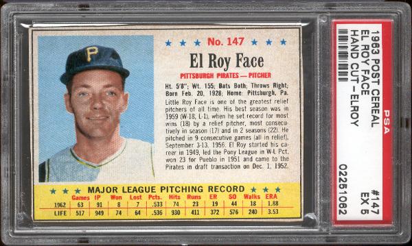 1963 Post Cereal Bb- #147 El Roy Face, Pirates- PSA Ex 5(Hand Cut)