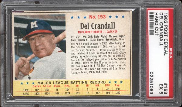 1963 Post Cereal Bb- #153 Del Crandall, Braves- PSA Ex 5 (Hand Cut)