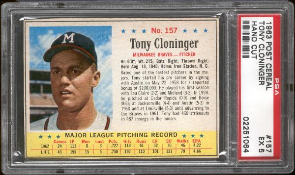 1963 Post Cereal Bb- #157 Tony Cloninger, Braves- PSA Ex 5 (Hand Cut)