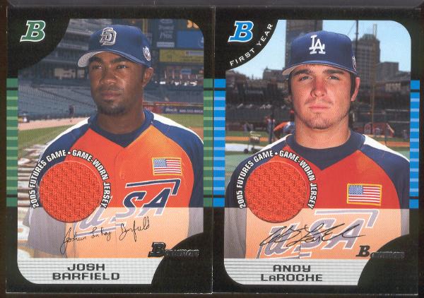 2005 Bowman Draft Baseball- "Futures Game Jersey Relics"- 2 Diff.- Andy LaRoche(Dodgers) & Josh Barfield(Padres)