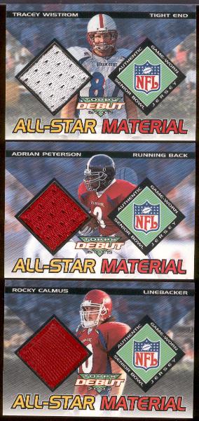 2002 Topps Debut Ftbl.- "All-Star Material"- 3 Diff.- Rocky Calmus (Oklahoma), Adrian Peterson(Georgia Southern), & Tracey Wistrom (Nebraska)