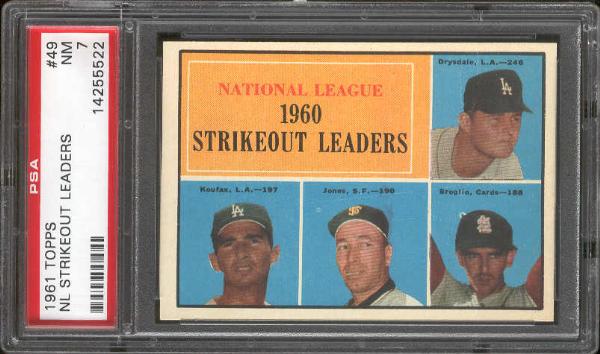 1961 Topps Baseball- #49 NL Strikeout Leaders- PSA Nm 7