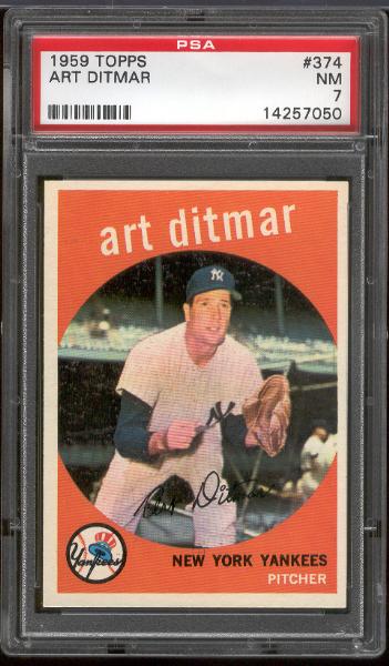 1959 Topps Bb- #374 Art Ditmar, Yankees- PSA NM 7