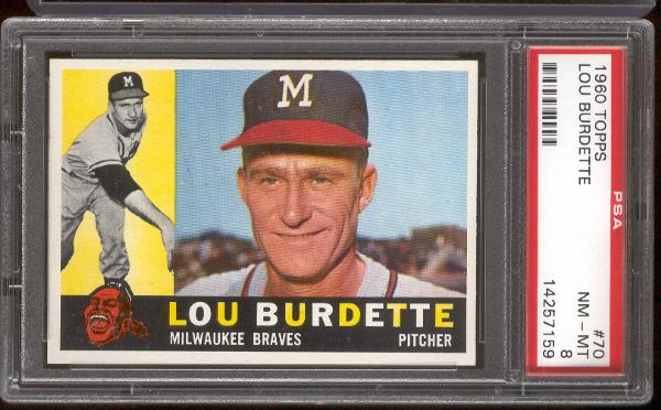 1960 Topps Bb- #70 Lou Burdette, Braves- PSA NM-Mt 8