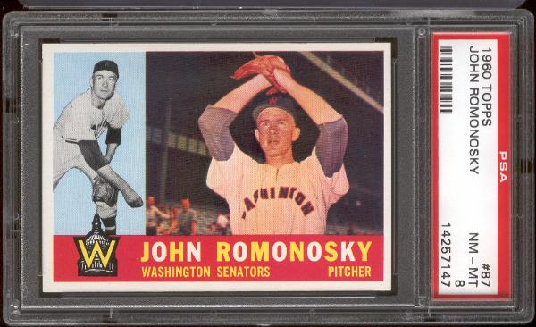 1960 Topps Bb- #87 John Romonosky, Washington Senators- PSA NM-MT 8