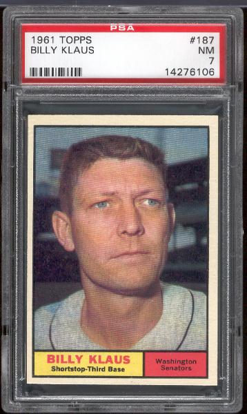 1961 Topps Bb- #187 Billy Klaus, Senators- PSA NM 7