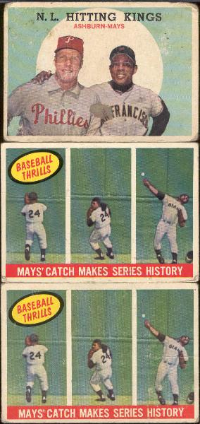 1959 T Bb- 3 Cards- #464 Mays Thrill (2 Cards); #317 Ashburn/Mays