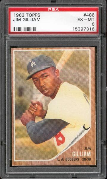 1962 Topps Bb- #486 Jim Gilliam, Dodgers- PSA Ex-Mt6