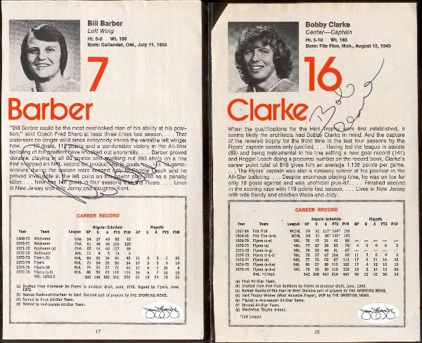 4 Diff. Autographed 1976-77 Philadelphia Flyers Media Guide Pages