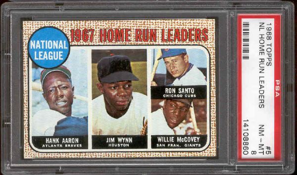 1968 Topps Bb- #5 NL Home Run Leaders- PSA Nm-Mt 8- Hank Aaron/Santo/ McCovey/ Wynn