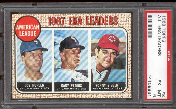 1968 Topps Bb- #8 AL ERA Leaders- PSA Ex-Mt 6- Horlen/Peters/Siebert
