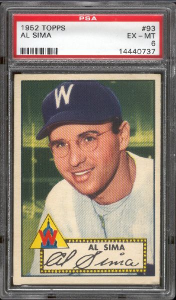 1952 Topps Baseball- #93 Al Sima, Senators- PSA Ex-Mt 6 