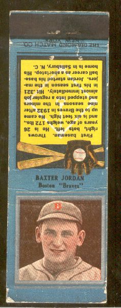 1934 Diamond Matchbook- Silver border- Baxter Jordan, Boston Braves