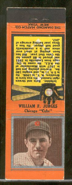 1934 Diamond Matchbook- Silver border- William F. Jurges, Chicago Cubs