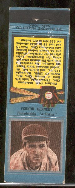 1934 Diamond Matchbook- Silver border- Vernon Kennedy, Phila A’s