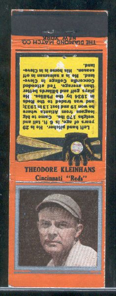 1934 Diamond Matchbook- Silver border- Theodore Kleinhans, Cinc. Reds