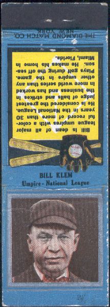 1934 Diamond Matchbook- Silver border- Bill Klem, Umpire