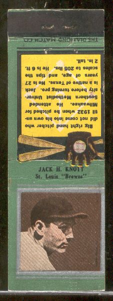 1934 Diamond Matchbook- Silver border- Jack H. Knott, St. Louis Browns