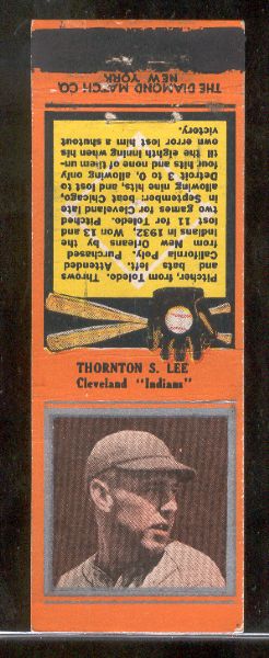 1934 Diamond Matchbook- Silver border- Thornton S. Lee, Cleveland Indians