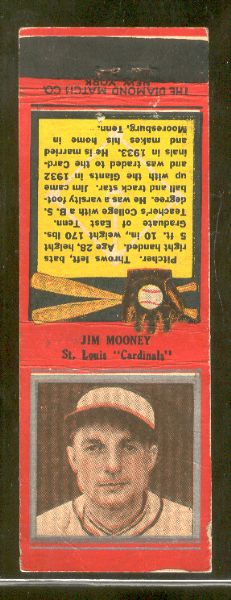 1934 Diamond Matchbook- Silver border- Jim Mooney, St. Louis Cardinals