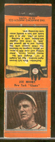 1934 Diamond Matchbook- Silver border- Joe Moore, NY Giants