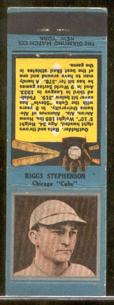 1934 Diamond Matchbook- Silver border- Riggs Stephenson, Cubs