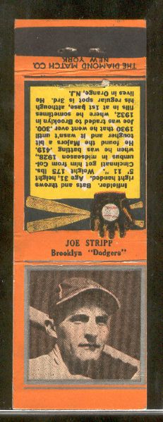 1934 Diamond Matchbook- Silver border- Joe Stripp, Brooklyn Dodgers