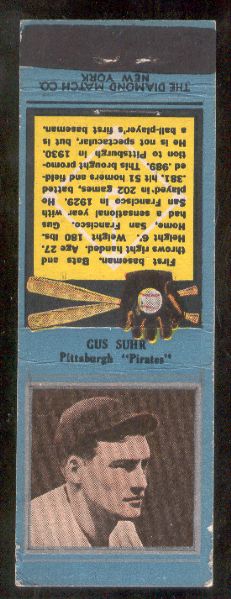 1934 Diamond Matchbook- Silver border- Gus Suhr, Pirates