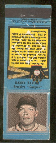 1934 Diamond Matchbook- Silver border- Danny Taylor, Brooklyn Dodgers