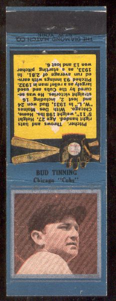 1934 Diamond Matchbook- Silver border- Bud Tinning, Cubs