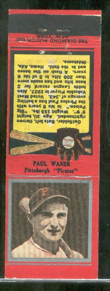 1934 Diamond Matchbook- Silver border- Paul Waner, Pirates