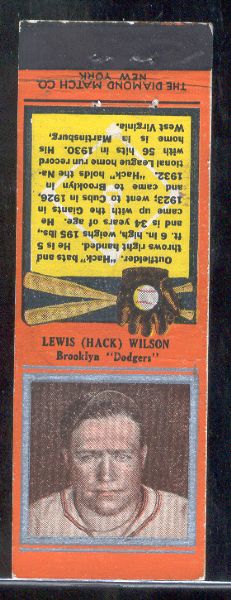 1934 Diamond Matchbook- Silver border- Lewis (Hack) Wilson, Brooklyn Dodgers