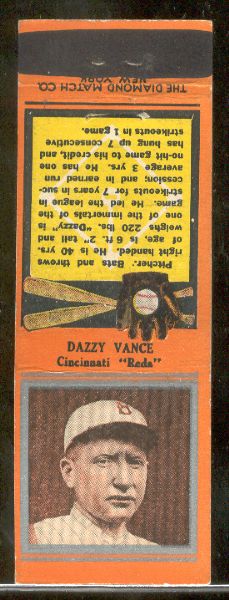 1934 Diamond Matchbook- Silver border- Dazzy Vance, Cinc. Reds