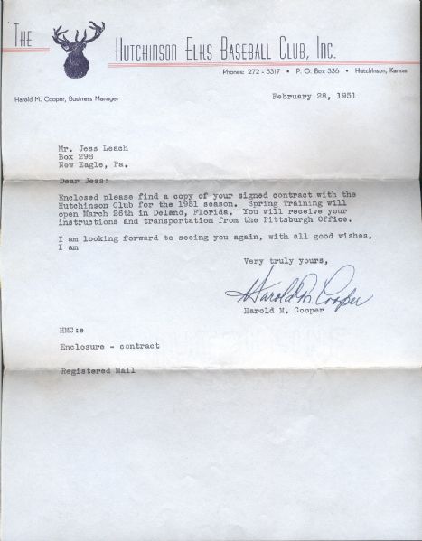 2/1951 Hutchinson(KS) Elks Letterhead, Letter, and Uniform Player Contract for Jess Leach