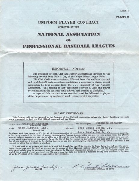 5/1951 Waco(TX) Pirates Uniform Player Contract of Jess Leach