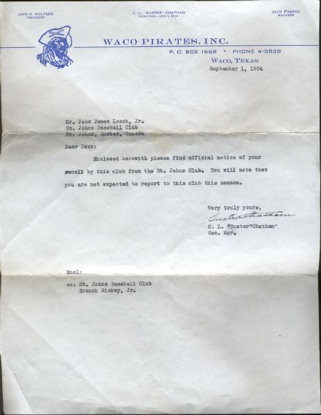 9/1/1954 Waco Pirates Letterhead and Letter to Jess Leach