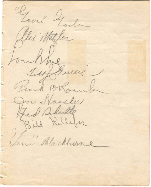 8-¼” x 6-5/8” Autographed Sheet with 17 Pencil Autographs including Goose Goslin!