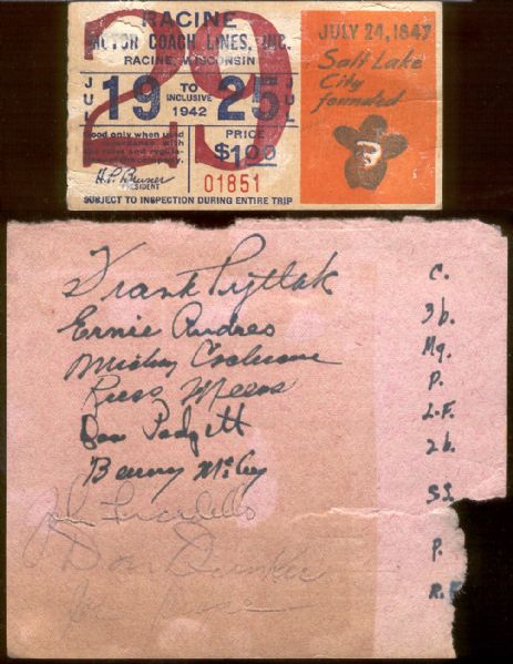 Two 7/28/1942 Autographed Stub/Sheets from Navy Relief Fund Game at Horlick Field, Racine, WI- inc. Mickey Cochrane!