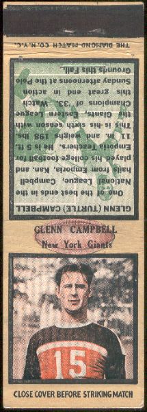 1934 Diamond Matchcover Football- Glenn Campbell, New York Giants