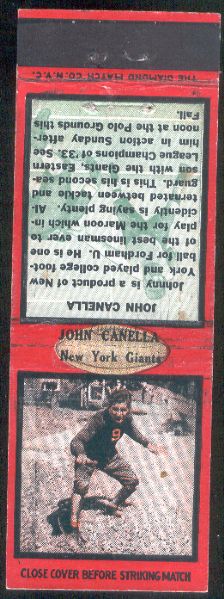 1934 Diamond Matchcover Football- John Canella, New York Giants