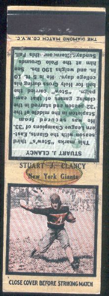 1934 Diamond Matchcover Football- Stuart J. Clancy, New York Giants