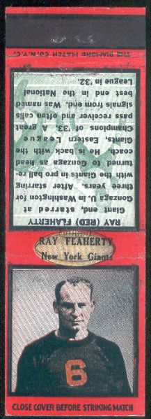 1934 Diamond Matchcover Football- Ray (Red) Flaherty, New York Giants