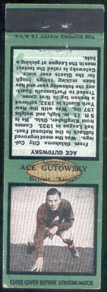 1934 Diamond Matchcover- Football- Ace Gutowsky, Detroit Lions