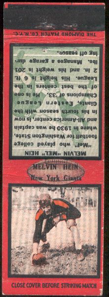 1934 Diamond Matchcover- Football- Mel Hein, New York Giants