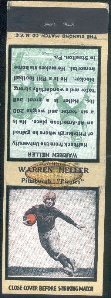 1934 Diamond Matchcover- Football- Warren Heller, Pittsburgh Pirates