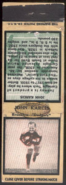 1934 Diamond Matchcover- Football- John Karcis, Brooklyn Dodgers